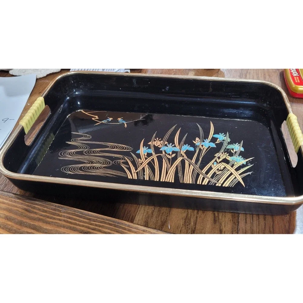 1 Vintage Japanese Black Lacquer Trays 1 Piece Serving Sets Gold/Blue Japan/Toyo